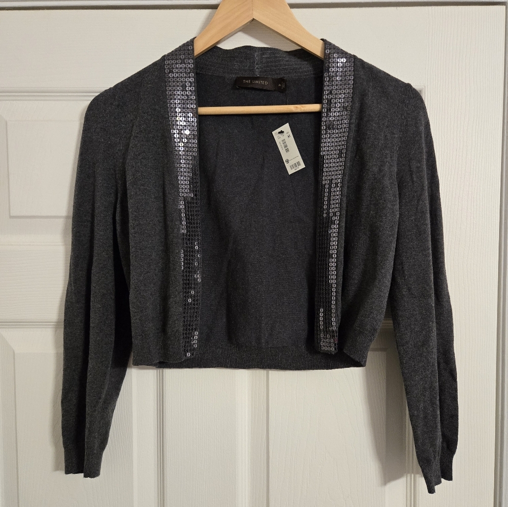 The limited Charcoal Sequin open front shrug size medium NWT